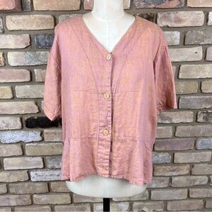 FLAX pale pink button front top with peplum waist